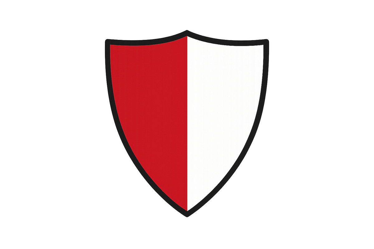 ícone de escudo triangular, metade vermelho e metade branco, fundo transparente